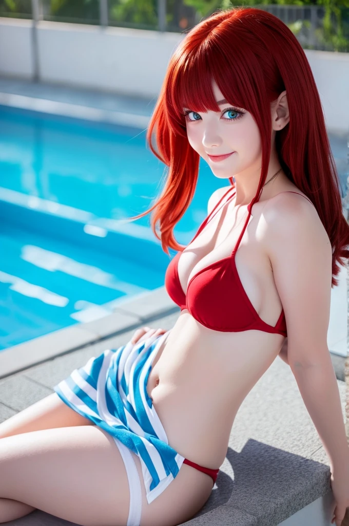 pixaigirl, 1 girl, rias gremory, red hair, red hair girl, blue eyes, blue eyes girl, high school dxd, curvy body, dress, inspired by WLOP, Artstation, bikini, empty pool, smile, full-face blush, #genshinimpact pixiv, full body