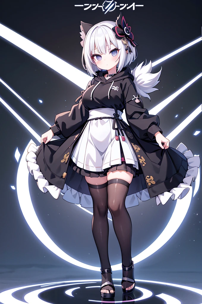 Anime-style image of a woman with white hair and black clothing, Cute 3D anime girl render, Cute anime waifu in a nice dress, Anime VTuber Full Body Model, Anime girl in a black hoodie, Gothic Maiden Anime Girl, Highly detailed characters, Official character art,Onmyoji,Big Tits,Bobcut,baseball