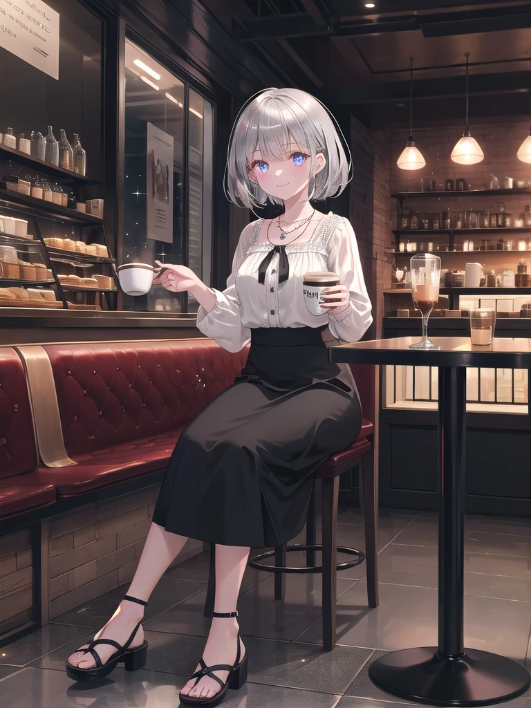((8k, best quality, master piece: 1.3)),super high resolution,(1 girl, solo), (colorshift eyes, hyperdetailed, expressive sparkling, glitter, glowing eyes), ultra detailed eyes, ultra-detailed face, random hair, ((silver gray color)), A silver-haired woman is relaxing in a city cafe, wearing an elegant chiffon blouse, denim skirt, and heeled sandals. With a fashionable cafe and cityscape in the background, the atmosphere is a calm afternoon. She is sitting at a cafe table, enjoying a cup of coffee. A silver necklace shines around her neck, reflecting the cafe lights with a beautiful shine. She smiles at the camera and looks relaxed, enjoying the atmosphere of the cafe.