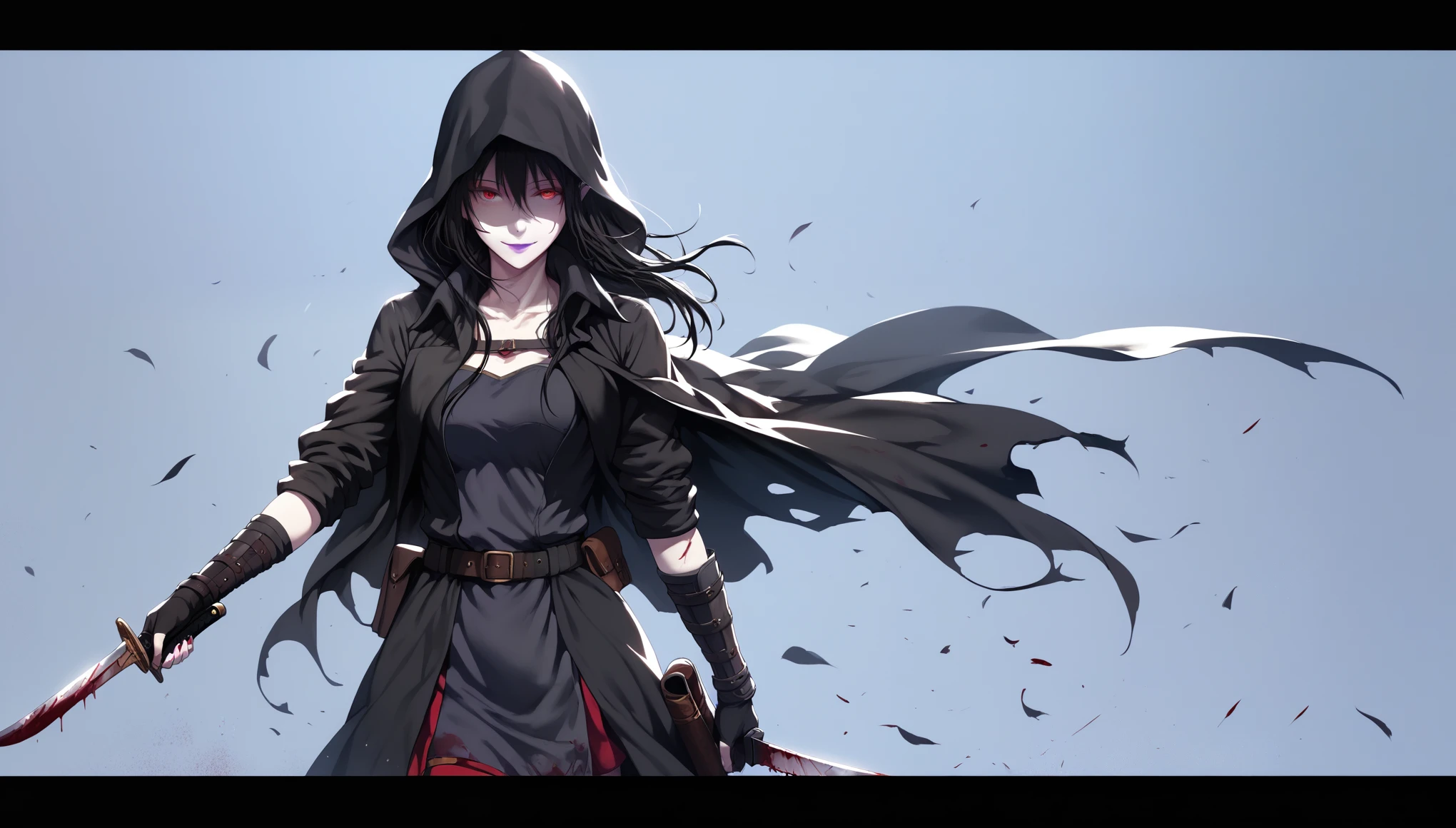 (hews art style:0.7), (asura art style:0.7), score_9, score_8_up, score_7_up, score_6_up, score_5_up, score_4_up, uncensored, black hair, red eyes, purple lipstick, hair between eyes, long hair, short pointy ears, pale skin, BREAK (masterpiece:1.2), best quality, high resolution, (detailed eyes:1.3), perfect lighting, (perfect hands, perfect anatomy), 1girl, solo, letterboxed, knife, hood, gloves, weapon, throwing knife, blood, fingerless gloves, smirk, shaded face, belt, vambraces, alternate costume, pouch, cape, looking at viewer, hollow eyes,