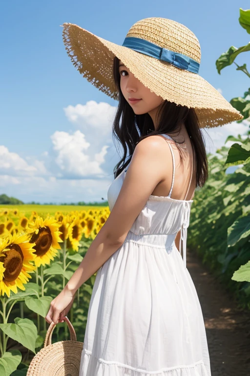 Sunflower field、White dress、blue sky、White cloud、Straw hat