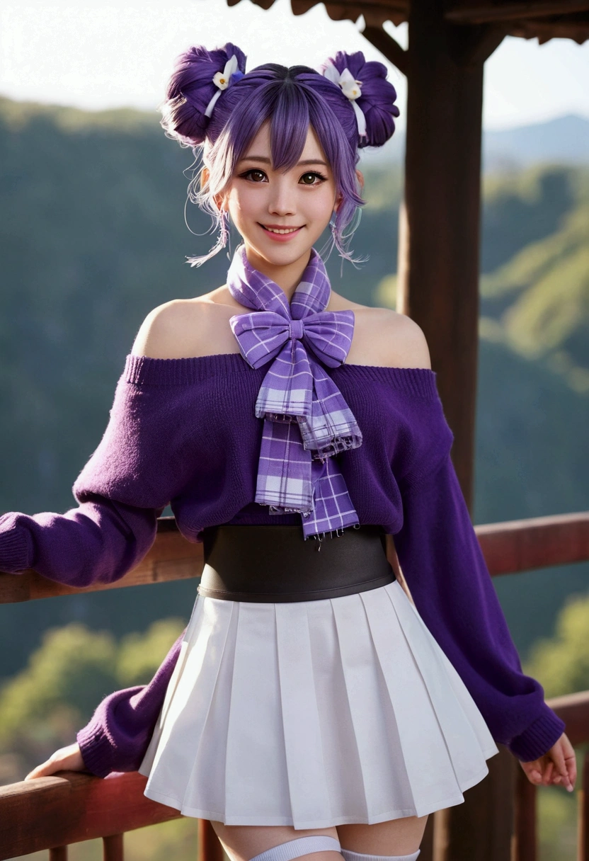 (Realistic painting style:0.9), masterpiece, Highest quality,  Absurd, View your viewers, alone, Stingy (Lantern Ceremony) (Genshin Impact), Stingy (Genshin Impact), Hair Bun, skirt, scarf, purple sweater, white skirt, Purple Hair, sweater, Twin tails, Purple eyes, Diamond-shaped pupils, hair ornaments, Exposing shoulders, smile, chest, cone Hair Bun, Long Hair, belt, Double Bang, Long sleeve, bangs, bow, Hair Flower, hair bow,ribbon, hair ribbon, Braiding, Plaid scarf, Plaid, Off the shoulder