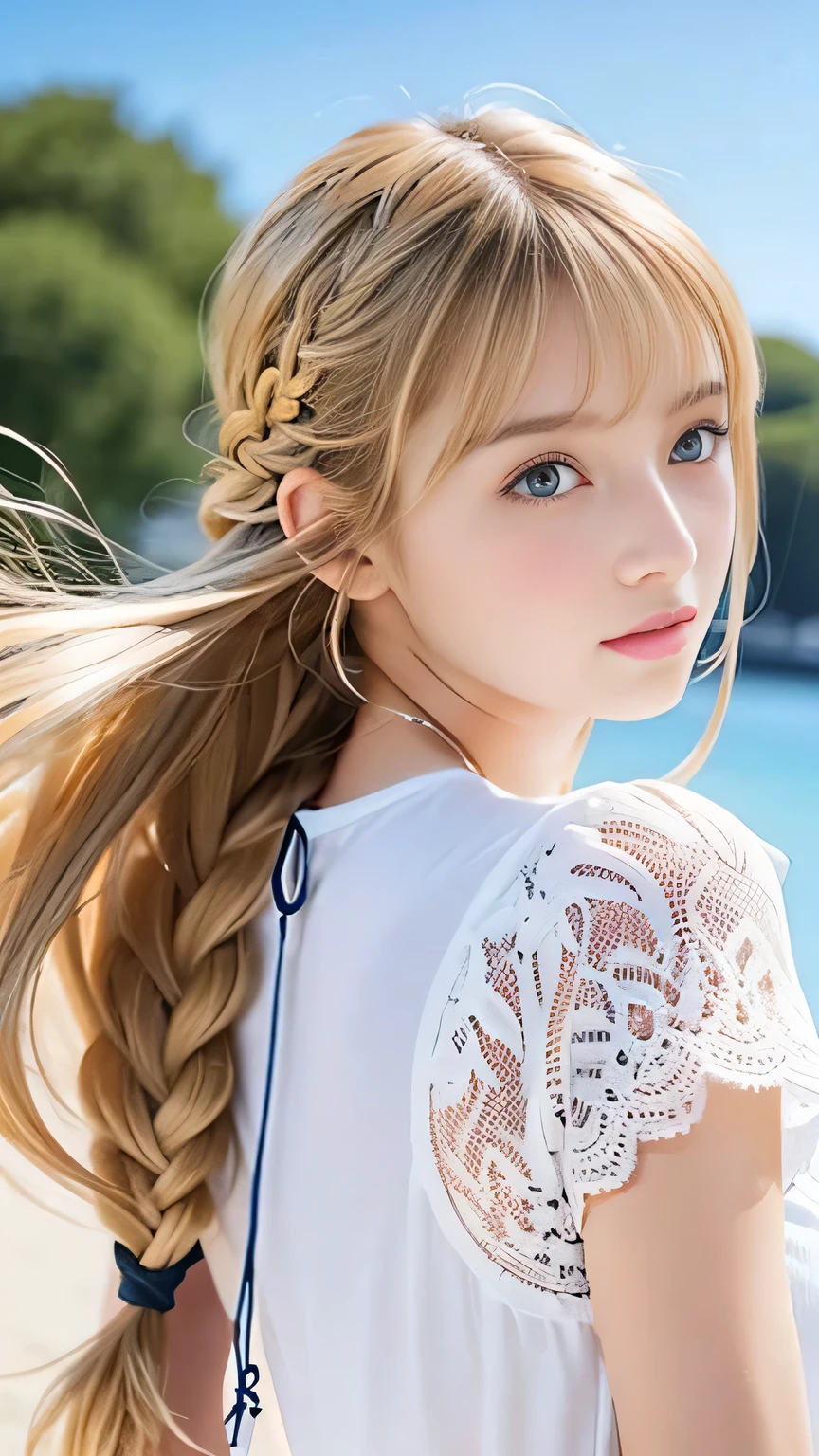 Sexy Big 、Sexy cute looks and cute 15 year old beautiful girl, beautiful and sexy face、A strong wind blows my hair in front of my face、beautiful long blonde French braided hair、beautiful, Cute and sexy eyes hidden behind long bangs