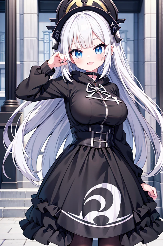 Anime-style image of a woman with white hair and black clothing, Cute 3D anime girl render, Cute anime waifu in a nice dress, Anime VTuber Full Body Model, Anime girl in a hoodie, Highly detailed characters, Official character art,Mystery Hunter,Big Tits,ghost