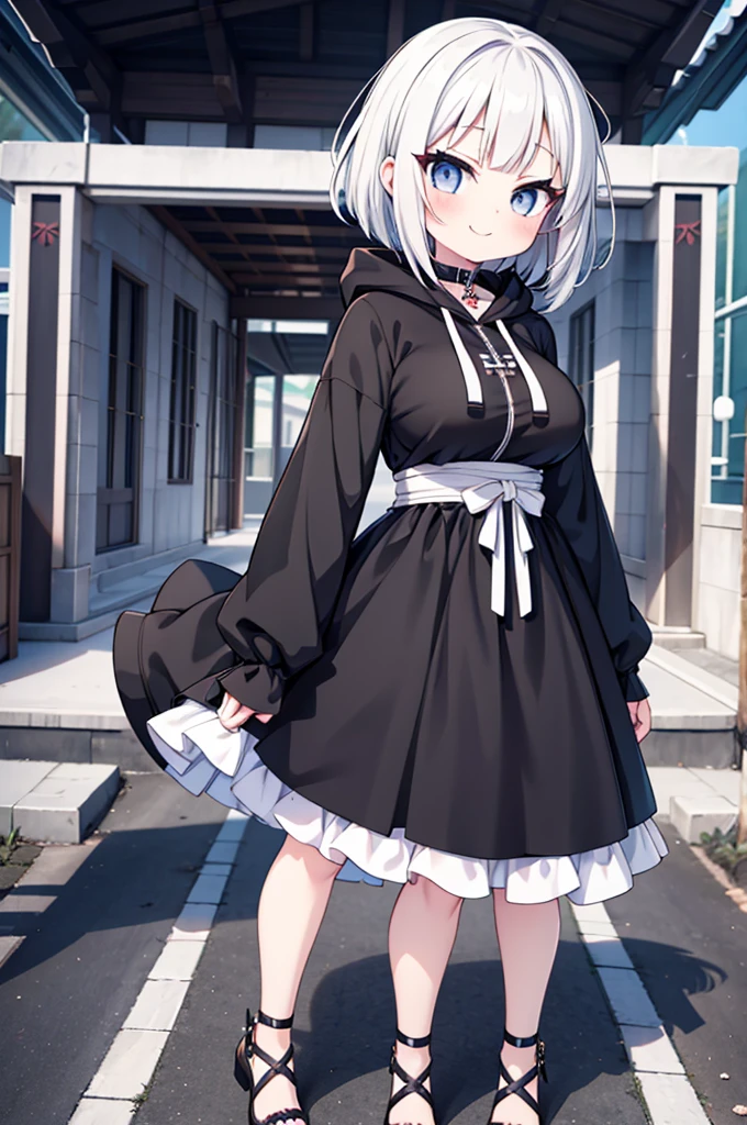 Anime-style image of a woman with white hair and black clothing, Cute 3D anime girl render, Cute anime waifu in a nice dress, Anime VTuber Full Body Model, Anime girl in a black hoodie, Gothic Maiden Anime Girl, Highly detailed characters, Official character art,Shrine maiden,Big Tits,Bobcut,smile