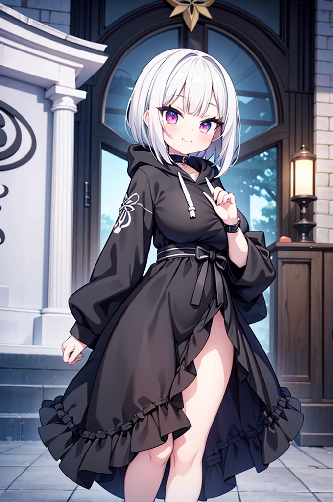 Anime-style image of a woman with white hair and black clothing, Cute 3D anime girl render, Cute anime waifu in a nice dress, Anime VTuber Full Body Model, Anime girl in a black hoodie, Gothic Maiden Anime Girl, Highly detailed characters, Official character art,Shrine maiden,Big Tits,Bobcut,smile