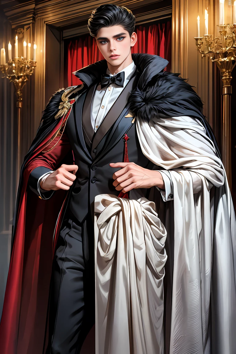 masterpiece, 最high quality, high quality, 1 boy, alone, Male focus, Watching the audience, Messy black hair, Adorable big blue eyes, White people, Noble, Noble,Sexy voluminous black and red cape、Tuxedo、A very voluminous, large, very large, very large, long, long red and black cape with a high stand-up collar, reaching down to the floor, made of a lot of fabric., ,Cute beautiful boys,Cute, cute, kind, handsome guy