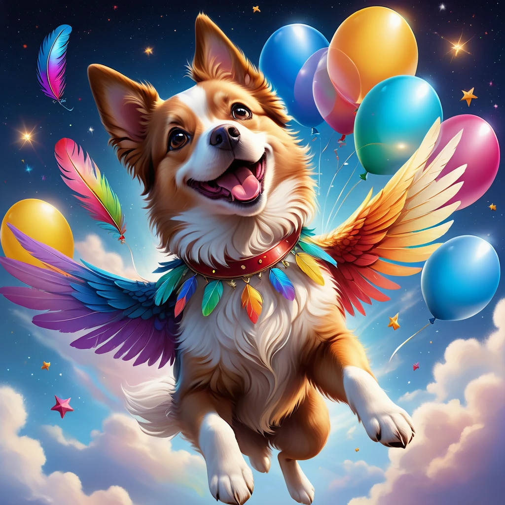 A flying dog with colorful feathers soaring in the sky, surrounded by dreamy background and twinkling stars, accompanied by balloons, wearing a cheerful smile, intricate details, and high-definition image quality. (best quality,4k,8k,highres,masterpiece:1.2),ultra-detailed,(realistic,photorealistic,photo-realistic:1.37),vivid colors,studio lighting