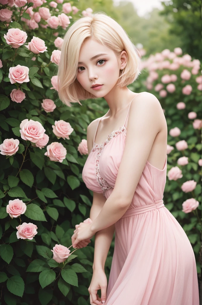 8k, RAW photo, Fujifilm, style photo of a beautiful young woman as avril in a garden of light pink roses (highly detailed skin: 1.2) Style-Petal BREAK short hair, blonde hair with colored locks, wearing a dress, film granulation, 35mm, cute style