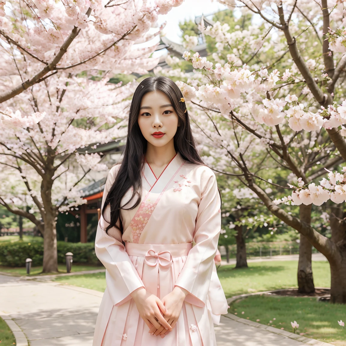 a beautiful young korean woman with long black straight hair, full red lips, detailed eyes, detailed face, delicate features, serene expression, posing in a lush spring park with cherry blossom trees, soft natural lighting, pink and white petals, ornate traditional korean hanbok dress, elegant graceful pose, high quality, photorealistic, 8k, intricate details, vibrant colors, cinematic lighting