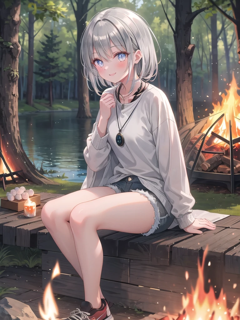 ((8k, best quality, master piece: 1.3)),super high resolution,(1 girl, solo), (colorshift eyes, hyperdetailed, expressive sparkling, glitter, glowing eyes), ultra detailed eyes, ultra-detailed face, random hair, ((silver gray color)), A silver-haired woman is camping by a lake, wearing a soft wool plaid shirt, denim shorts and hiking shoes. A calm lake and forest are in the background, and the light of a campfire creates a warm atmosphere. She is sitting in front of the fire, roasting marshmallows. A silver pendant around her neck shines beautifully, reflecting the light of the flames. She smiles at the camera, looks amused and relaxed.