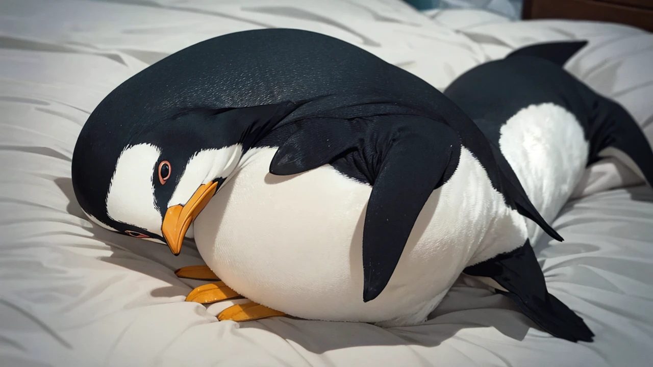 Cute penguin who wants to sleep wants to sleep on the bed