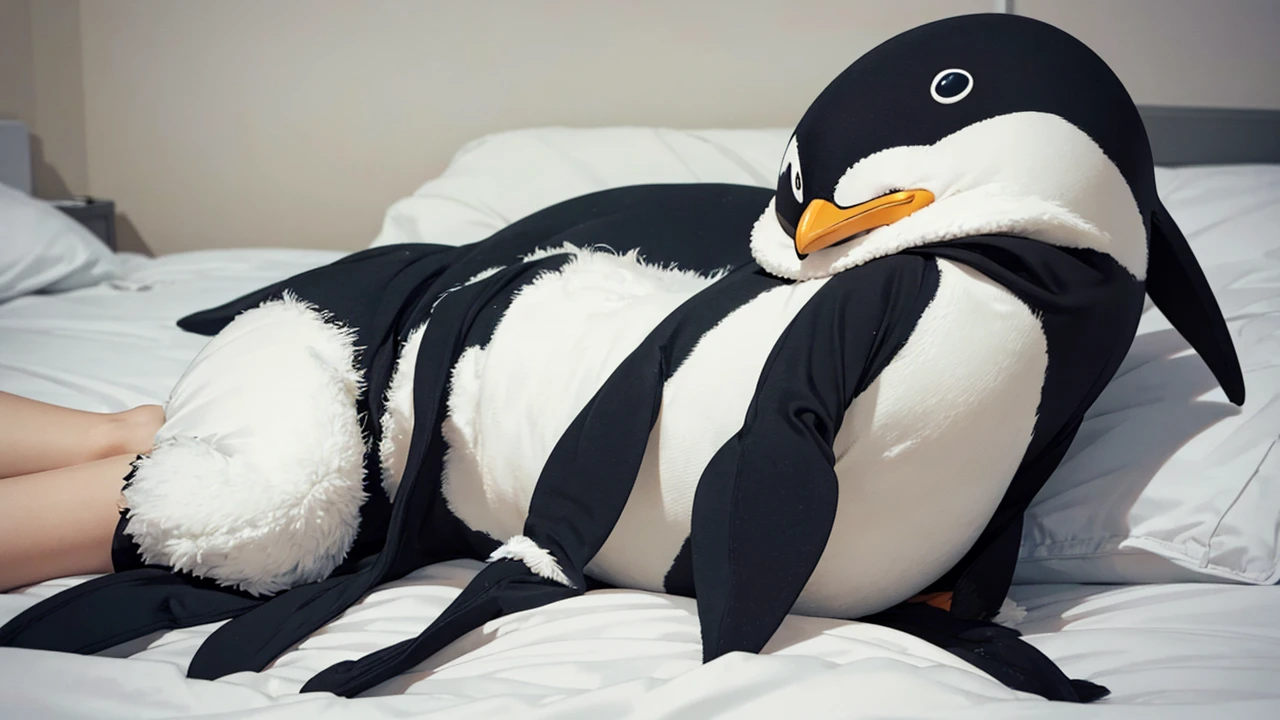Cute penguin who wants to sleep wants to sleep on the bed