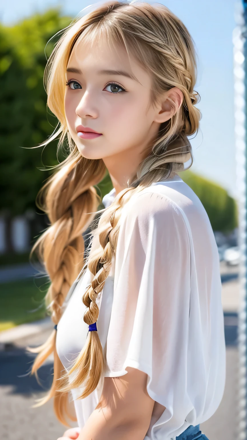 Sexy Big 、Sexy cute looks and cute  beautiful girl, beautiful and sexy face、A strong wind blows my hair in front of my face、beautiful long blonde French braided hair、beautiful, Cute and sexy eyes hidden behind long bangs