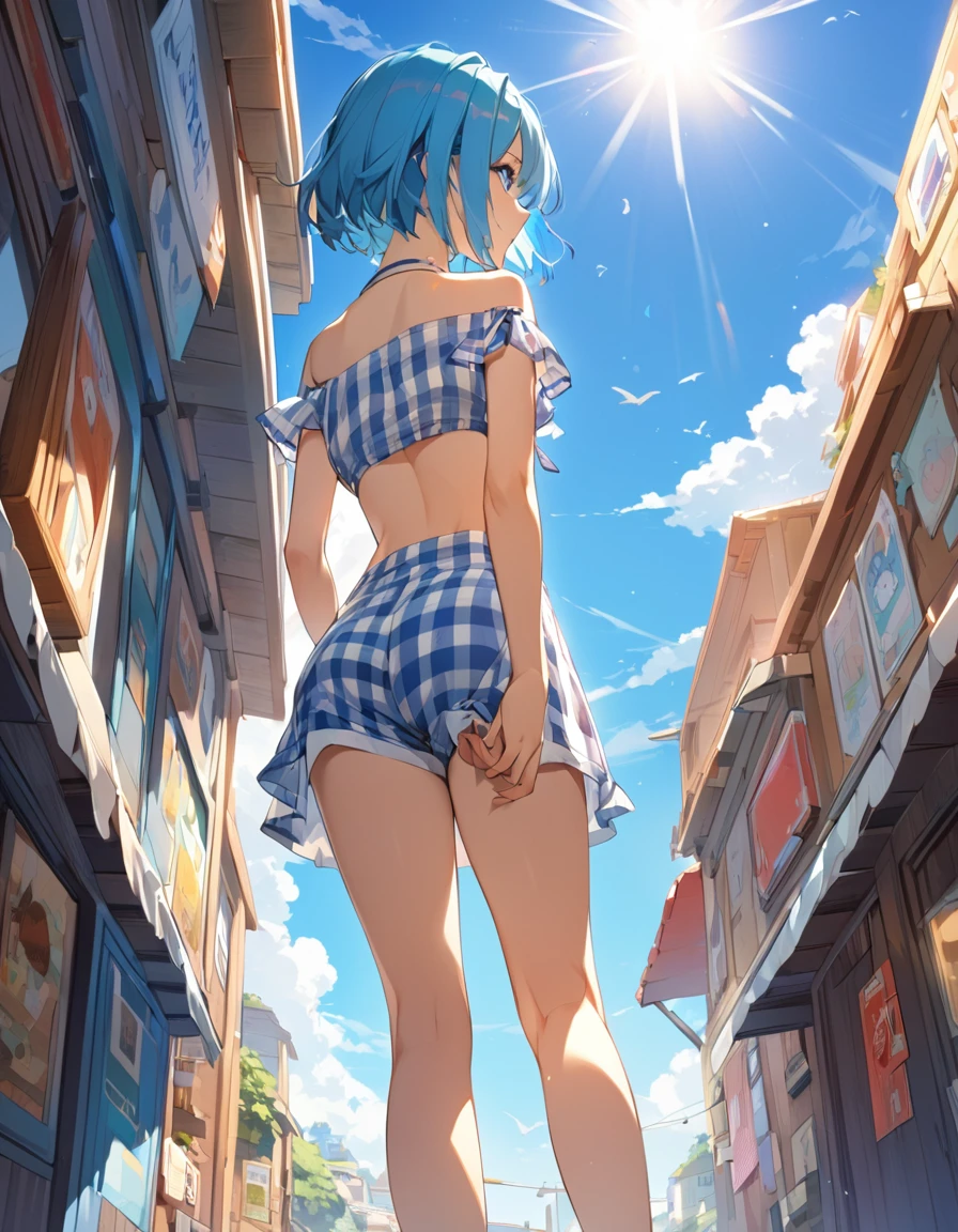 light blue hair, short hair, view from below, (red Eyes:1.4), (small breasts:1.5), (erectile nipples:1.1), (grab the ass:1.2), open grey kimono, no panties, BREAK outdoors, night, light particles, BREAK looking at viewer, BREAK (masutepiece:1.3), Best Quality, High resolution, Unity 8k壁纸, (Illustration:0.8), (Beautiful detailed eyes:1.6), extra detailed face, Perfect Lighting, extremely details CG, (Perfect hands, Perfect Anatomy),