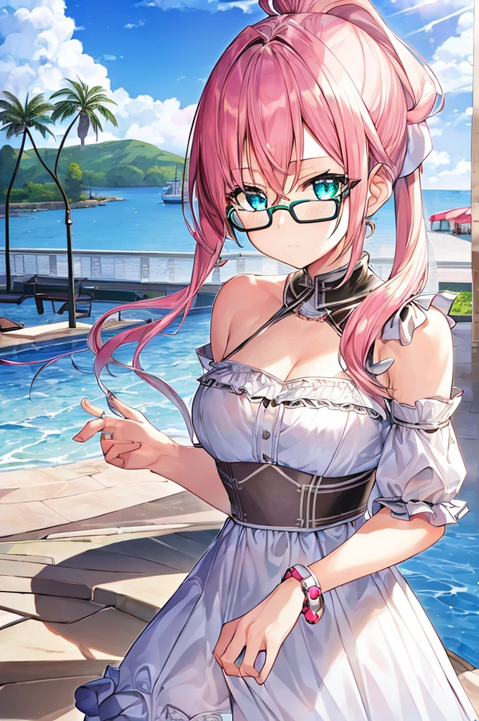(best quality:1.2,8k,highres,masterpiece:1.2), pink hair ponytail, monochromia, blue eye, green eye, white glasses, 1girl,