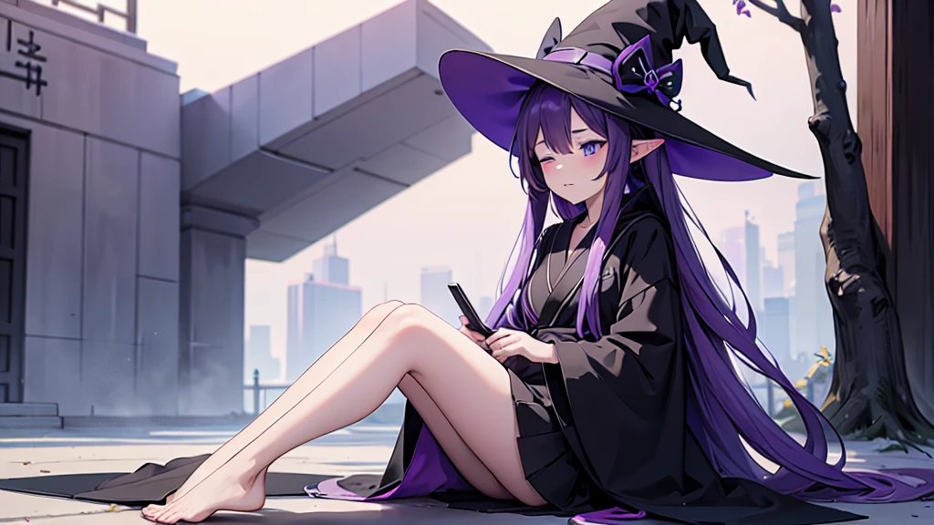 1 person. Anime girl with long purple hair and black robe. Pointy ears. Cute as in manga. Sitting with eyes closed. Headphones. Witch hat on the ground.
