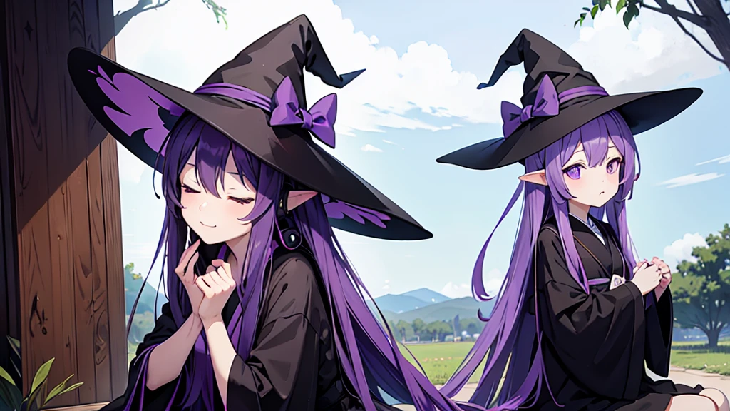 1 person. Anime girl with long purple hair and black robe. Pointy ears. Cute as in manga. Sitting with eyes closed. Headphones. Witch hat on the ground.