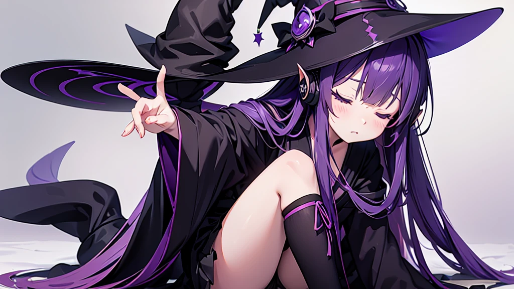 1 person. Anime girl with long purple hair and black robe. Pointy ears. Cute as in manga. Sitting with eyes closed. Headphones. Witch hat on the ground.