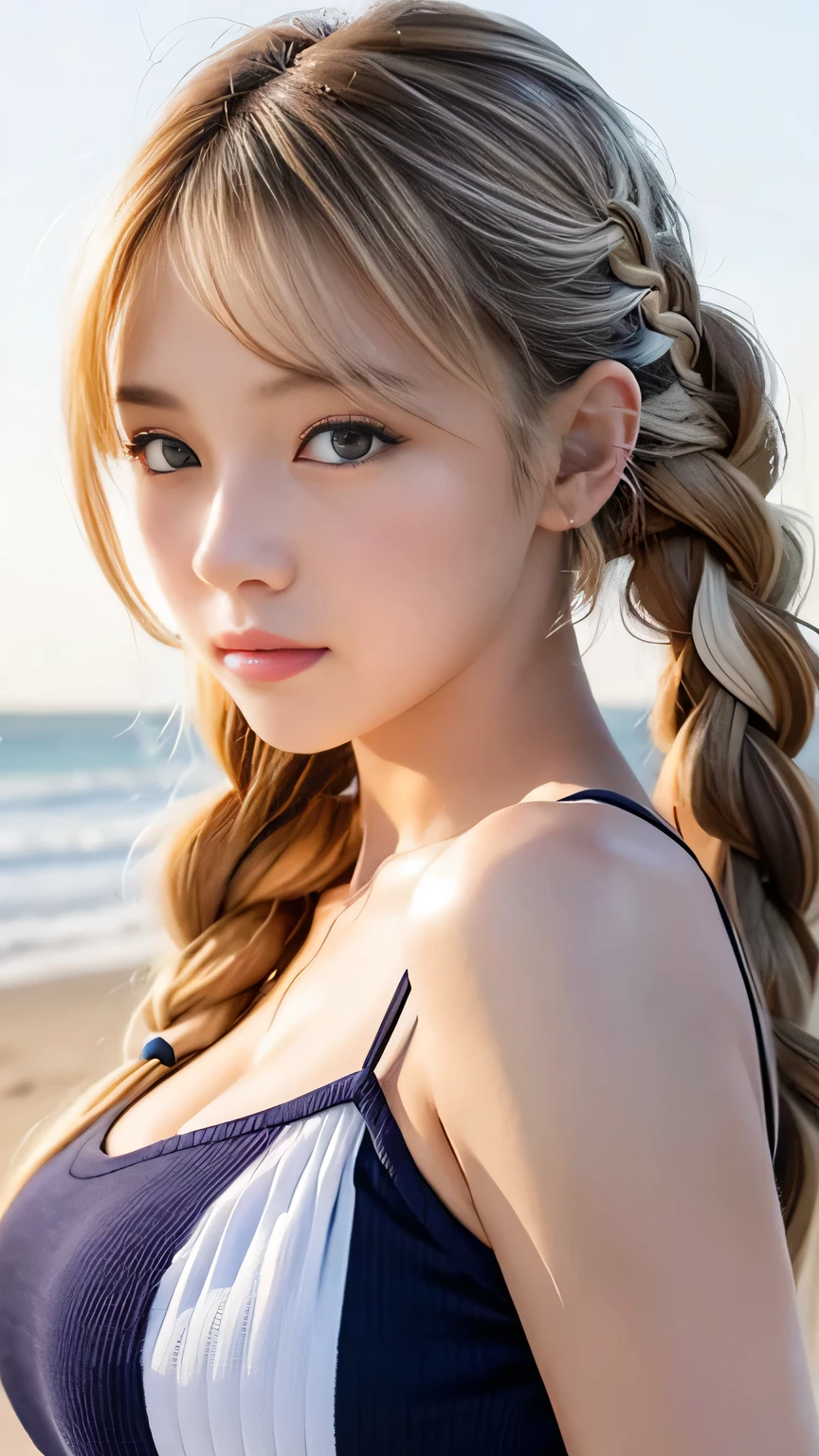 Sexy Big 、Sexy cute looks and cute beautiful girl, beautiful and sexy face、A strong wind blows my hair in front of my face、beautiful long blonde French braided hair、beautiful, Cute and sexy eyes hidden behind long bangs