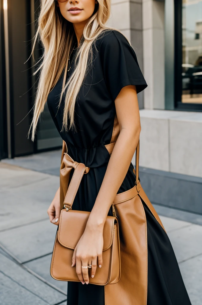 Blonde woman wearing a black dress