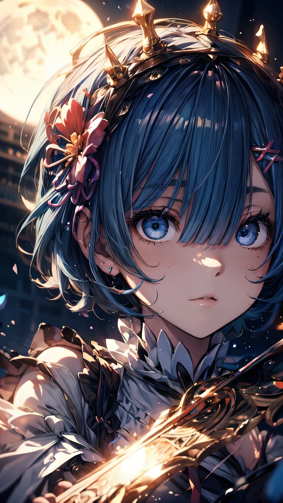 (Highest quality),(masterpiece), 8k,Very detailed, Detailed light, Best Shadow,Detailed reflective eyes, Beautiful Eyes, Very detailedな顔,Shiny Hair,One person,Gloss,semi-long,Blue Hair,Blue Eyes,enchanting,Expressionless,Quiet anger,full moon,hair ornaments,whole body,front,Re:Zero,rem,Rem,fan,darkness,face is dirty for painting,Dynamic Angle,