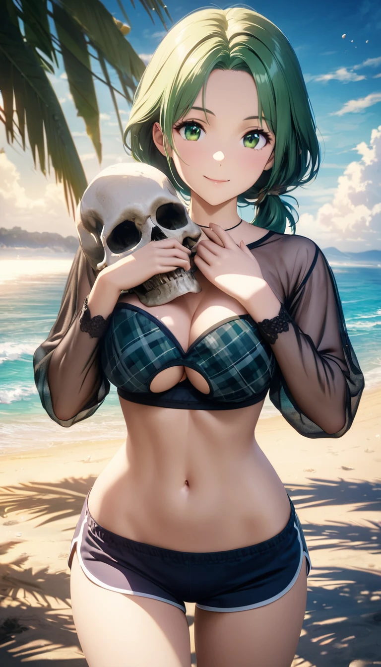 cinematic lighting, HDR, lifelike 8k CG, keyvisual, anime colored, top quality, charming and cute girl, clear face, green hair, parted bangs, short low ponytail, green eyes, big breasts, perfect figure, BREAK, standing, hugging skull, gently cup the skull jaw with hands, smile, looking at viewer, strapless plaid bra, lace trim, (butt crack cutout:1.3), dolphin shorts, panty line, see-through sleeves, blue sky, outdoors tropical resort, beach, ocean view, horizon, morning glory,