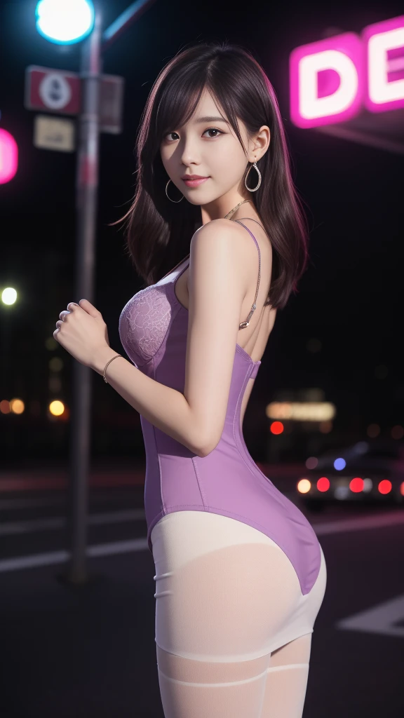 8k, Masterpiece, RAW photo, Best Quality, detail: 1.2), extremely detailed 8k unified photorealistic CG wallpapers, depth of field, cinematic light, lens flare, ray tracing (extremely beautiful face, Beautiful lips, beautiful eyes), details intrincados cara, ((Ultra detailed skin)) 1girll, deep dark shadow, Korean pretty girl, kpop idol, (Very lean and lean muscular body: 1.3), ((View viewer)), (big smile), (Minivestido BodyCon) , (pink dress), (Exposed panties), (injection sleeve), (evening de la ciudad, (neon light sign), (evening), cute korean girl, earrings, bracelet, collar, pantimedias, light eyes, walk, (pale skin ), Face forward, (large eyes), ((Upper body photos)), Minivestido BodyCon, Mini vestido de it, Exposed panties, back, photo from behind, very thin.