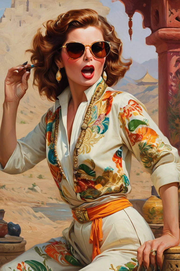 breathtaking, cans, indian woman , dynamic pose, Eclectic, colorful, sunglasses and outfit, full body portrait, portrait,close up of a Rich Exotic Han Dynasty (Katharine Hepburn:1.1) , screaming, Satisfying, Fantasy, Aestheticism, F/1.8, painting, pavel, sokov