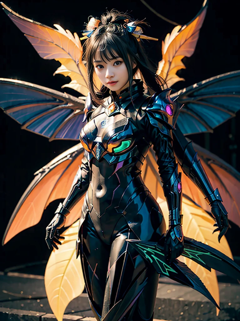 1girl, Armor, Wings, beautiful dragon, futuristic evolved Nekomata, (Neon glowing body), 2 tails, holographic, (The wings are symmetrically paired;1.5), Tricolor color body