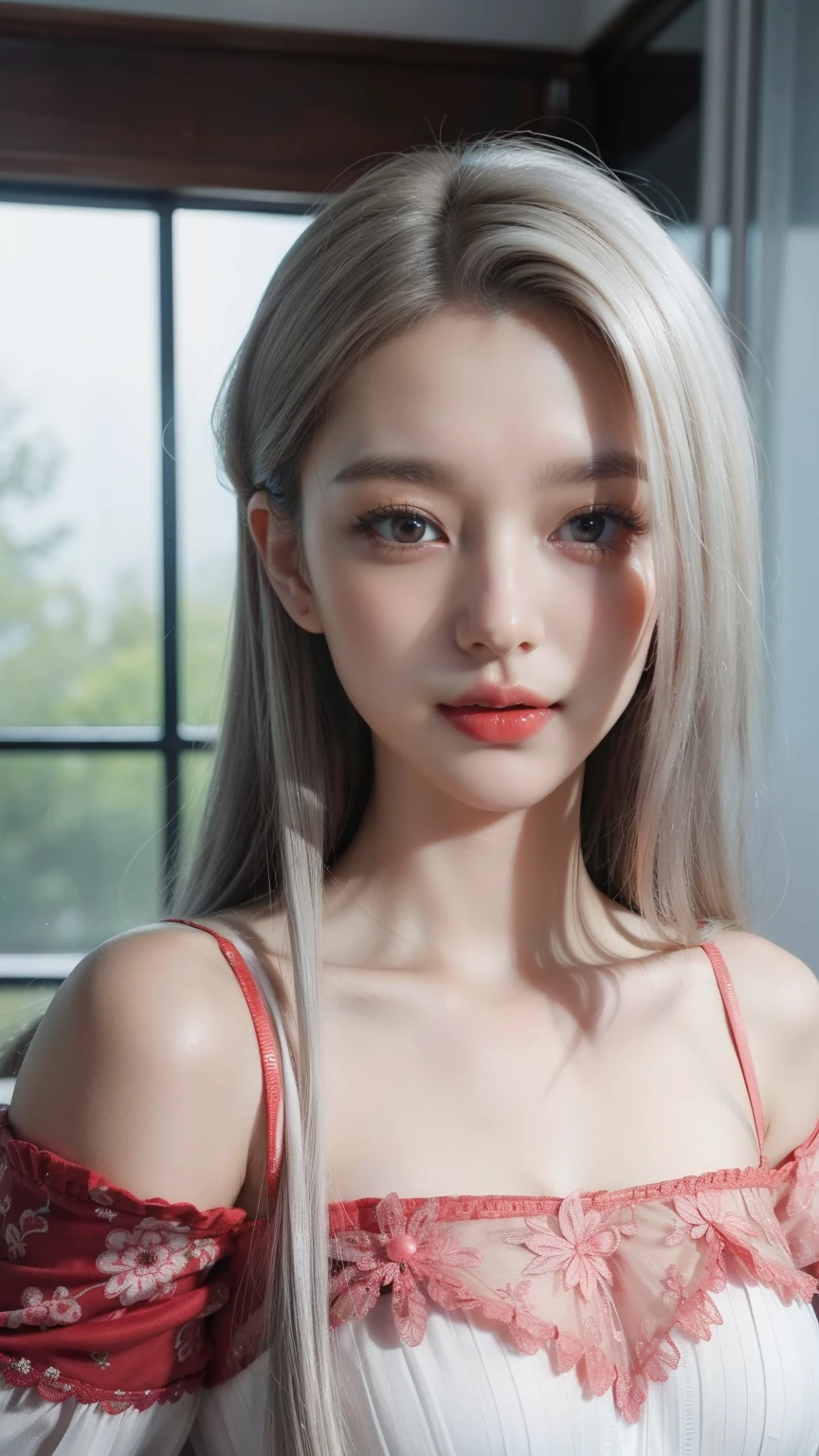 The highest quality of work,actual work,Ultra-premium graphics,8K HD CG 작동,High-quality graphics,고화질 CG Work,10x Pixel,Super fine details:1.1,Advanced technical details:1.1Realistic,실내 lighting effects:1.5,natural light:1.5. lighting effects(virtual lighting effects:1.8),Super high resolution,shining red dress,長いsilver hair,silver hair,transparent hair,High-detail hair(Premium hair details:1.1)clear eyes,Your double eyelids are pretty,Sharp eye makeup, Delicate eyelash makeup, thin eyebrows, very detailed eyes,high nose, I like red lips, rose cheek, A face with delicate makeup , Cute face, perfectly balanced face,(Advanced facial details:1.1),shining、girls ,bright red series,(Off-shoulder white dress with floral pattern),Take a photo in front of a mirror,female'Work,full body figure,realism,very cool,My eyes are sparkling again today(laugh)