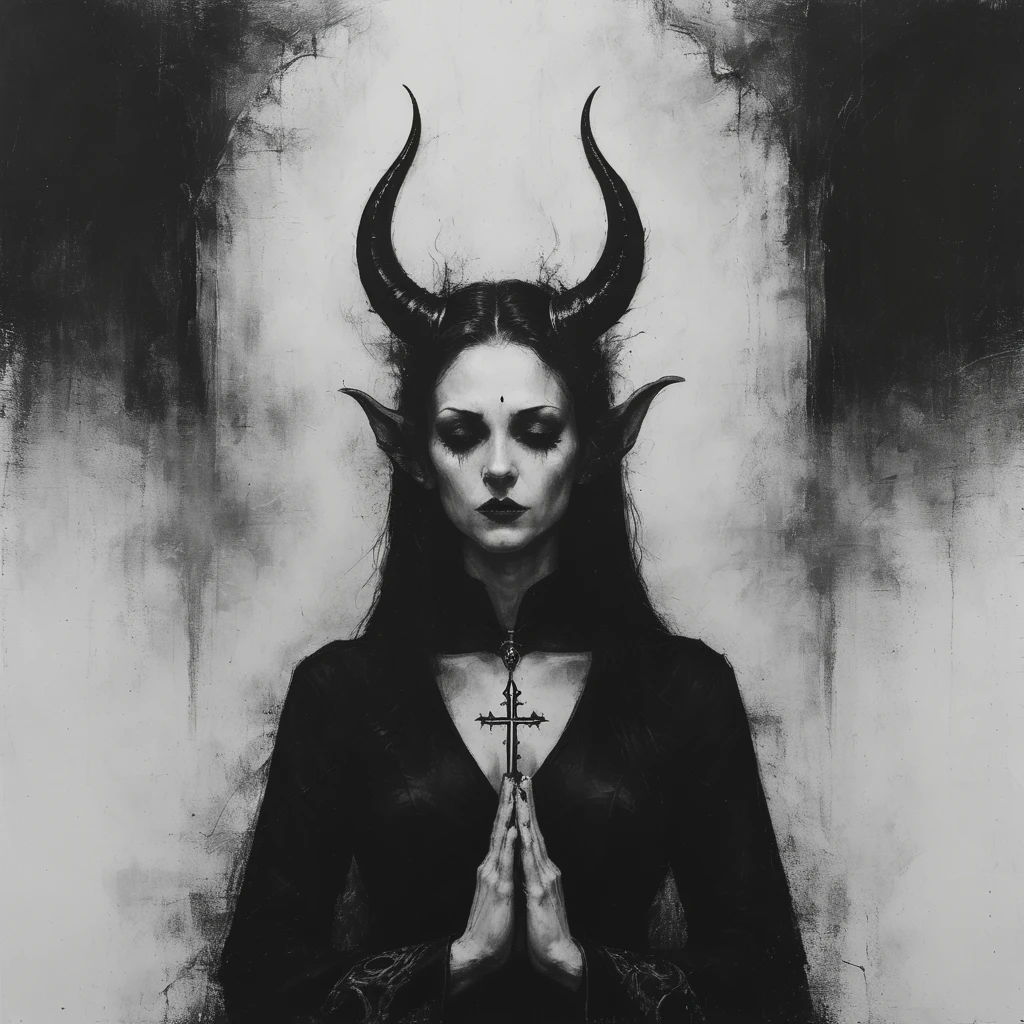 a (painting) of a holy adult succubus with symmetrical beautiful horns, in prayer, gloves, (close-up), vampire the masquerade bloodlines, incredible art, gloomy background, nimbus, church ragged vestments, darksketch, minimalism