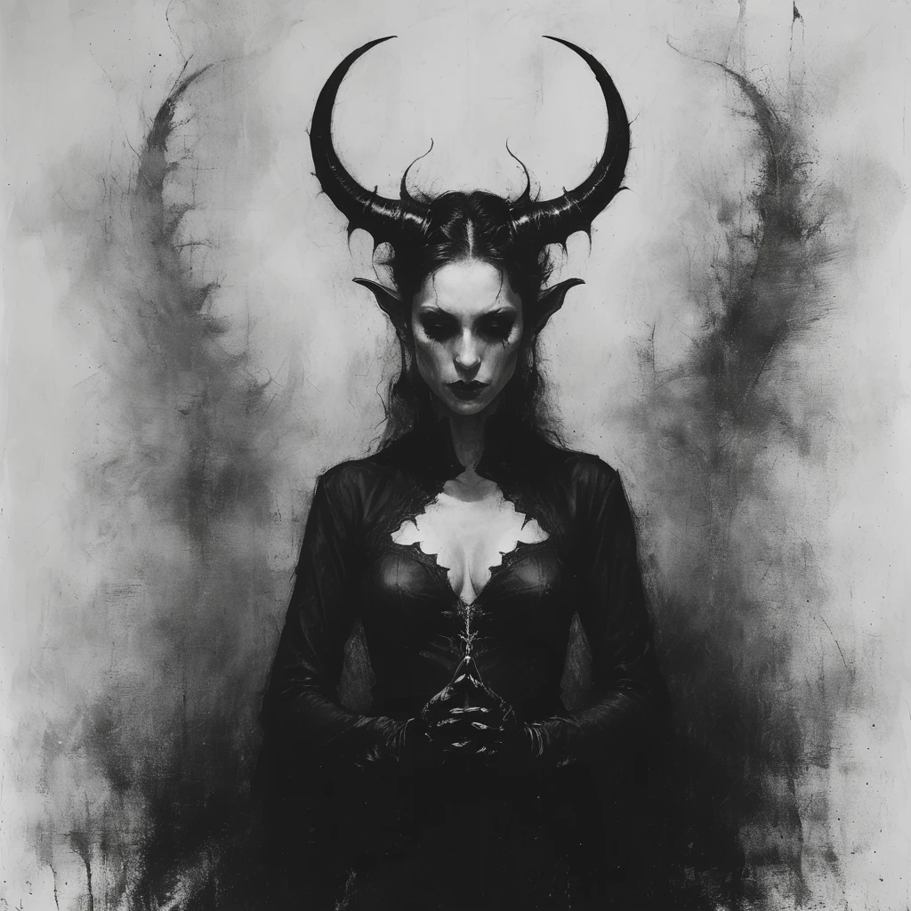 a (painting) of a holy adult succubus with symmetrical beautiful horns, in prayer, gloves, (close-up), vampire the masquerade bloodlines, incredible art, gloomy background, nimbus, church ragged vestments, darksketch, minimalism