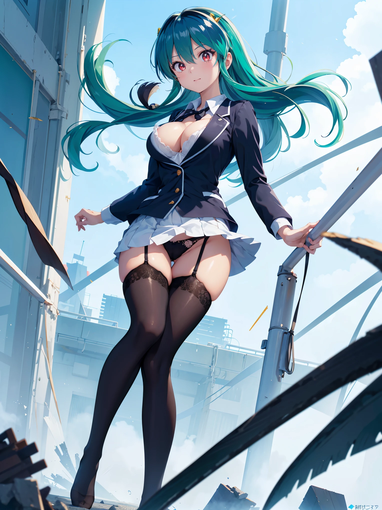 (1 Girl),(high quality), (High resolution), (Very detailed), (8k),(Demolition paperback correct)、Urusei Yatsura、Ram-chan、((Sexy Lingerie))、Wearing a blazer、((Focus on the whole body))、Nipple Shape、((Black knee-high stockings))、Hair messed up by the strong wind、Neutral White Lighting,Sexy pose、