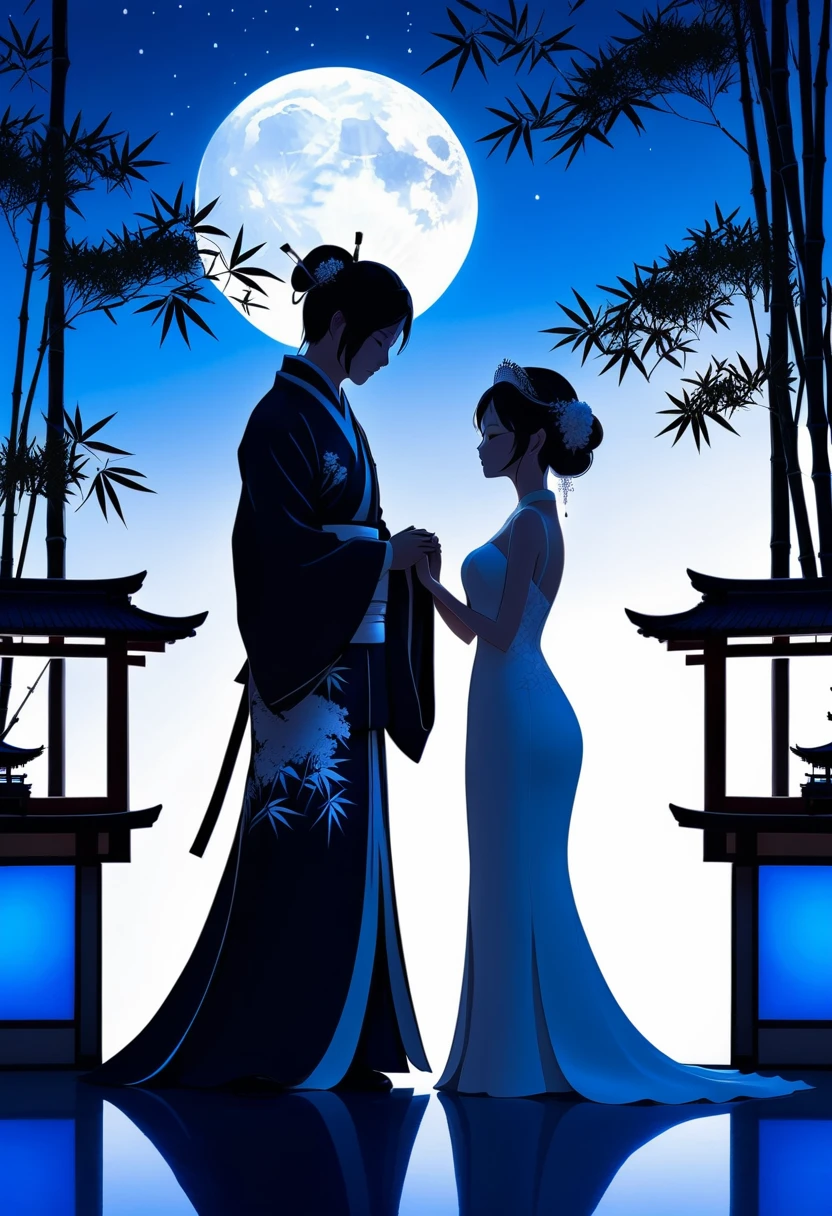 ((Silhouette Art)), 1Bridal Clothing, (Double contact:1.3), Weddings at the restaurant overlooking a Japanese garden surrounded by bamboo trees, Blue Moon, (close up), promote, complicated, (best quality, masterpiece, representative work, Official Art, professional, Unity 8k wallpaper:1.3)