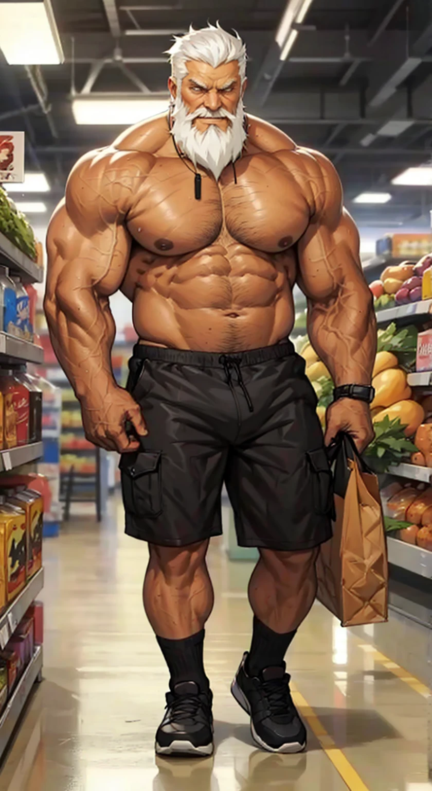 chubby old man in super market, old man, thick arm, huge arm, bearded. white hair and beard, bearded, muscular, pectoral, wide pectoral, realistic, 8k, masterpiece, (wearing shorts and shirtless:1.3, topless, shoes)