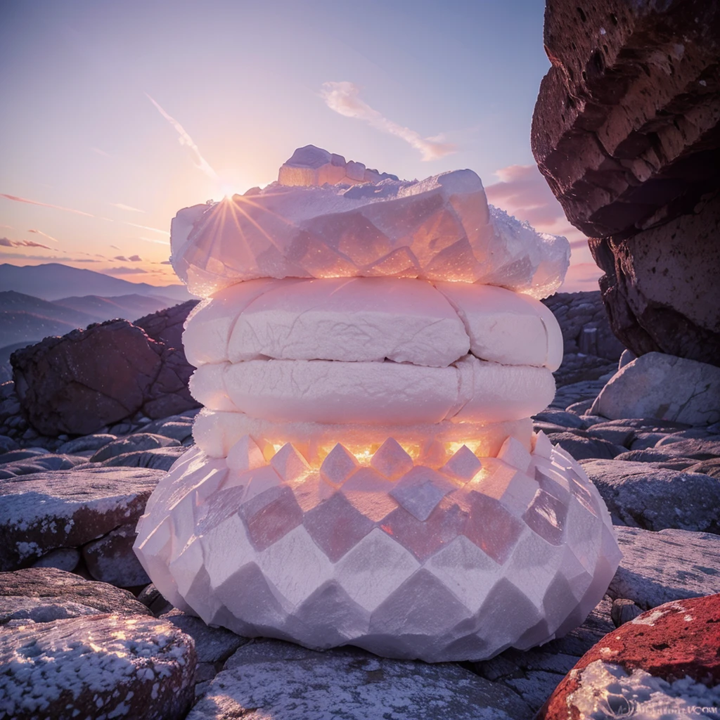 A frost white castle made of diamonds on a rocky, stone planet with a ruby red sky