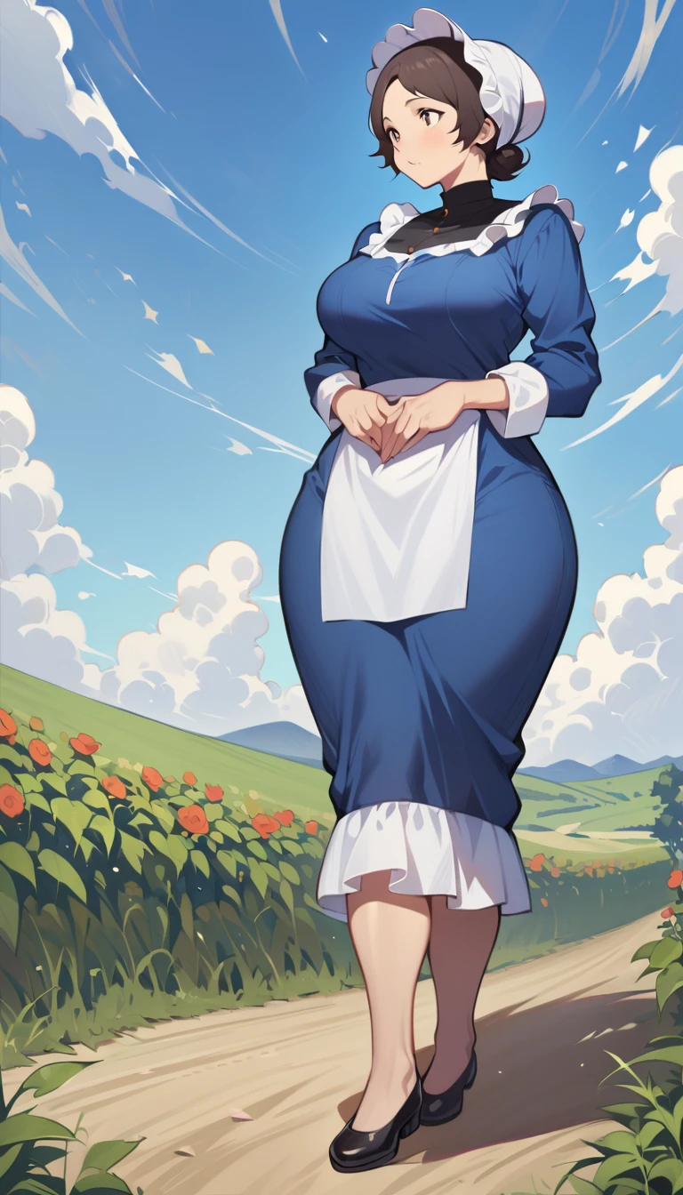 1woman, adult amish woman, 40 years old, pale skin, long sleeved blue dress, she wears small black apron over her blue dress, full body shown, very short brown hair in a conservative style, white bonnet kapp that covers a majority of her hair, wide hips, thick thighs, wearing simple black flats, thick legs, slightly below the knee dress, slight face wrinkles, tight sleeves, standing upright in a farm field, no makeup, hands on lap, side view, aged face, busty, hourglass body figure, rosy cheeks