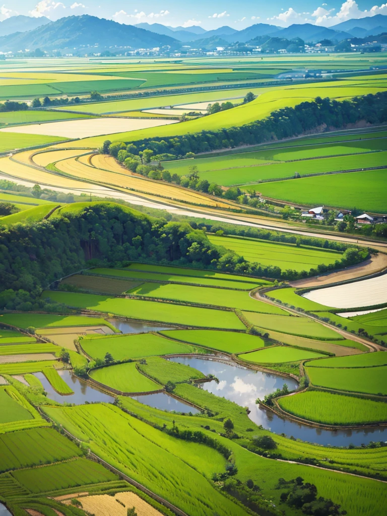 Peaceful scenery、The rice fields are spreading、A row of pretty white houses、Landscape painting