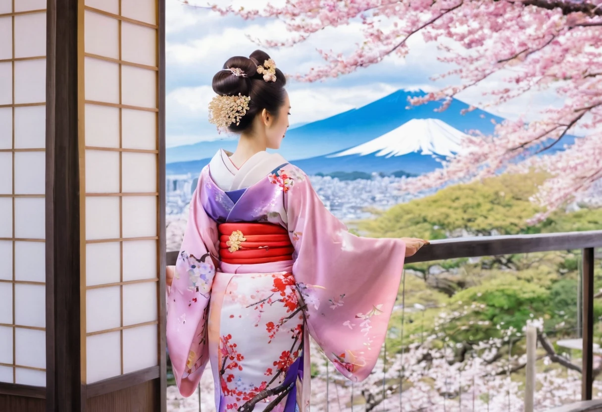 (Cherry blossom :1.5), (ink and watercolor painting:1.5), (Tasteful:1.5), (ink and watercolor painting:1.5), (full color:1.5), 8k, 4k, (landscapes:1.5),(cherry blossom trees:1.5),(wind:1.5),(flying cherry blossom petals:1.5),(kyoto:1.5),(pink theme:1.5),mount fuji in background, 1girl, A darK-haired, Smile, Eye-Level Shot, 8k, Super Detail, uhd, retina, masterpiece, Anatomically correct, Textured skin, kimono, silk fabric, japanese, Japanese clothes, (Wisteria floral pattern), Silk, Japan hair, Trailing hair, Japan beauties, BIG ASS, (wonderful proportions:1.8), (10 head body:1.8), Slim body, thin-waist, (Smart Standing), (Dignified atmosphere), Sense of cleanliness, (Full of elegance), Historical, heroine, refreshing, Edo style, Downtown Atmosphere, Edo-kko, Yoshiwara Geisha, Oiran, oiran, Countries, Juunihitoe, Premium kimono, amorous, Glossy appearance, (Long and beautiful legs:1.6), beautiful legs, (beautiful leg lines), (made in Japan:1.4), Genroku culture, beauty in return, sexy nape, watercolor painting style, half body.