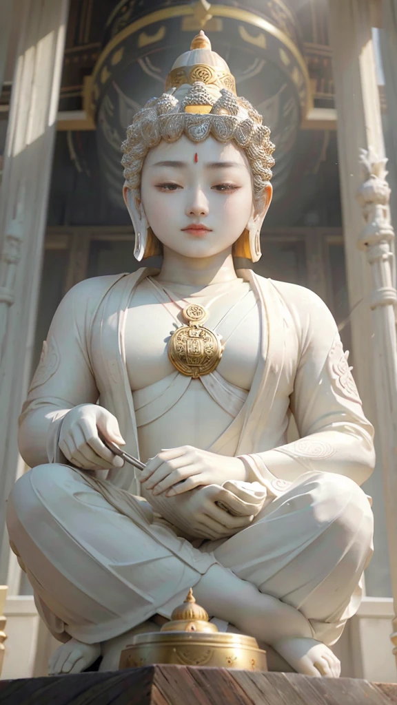 “Create a high-resolution image featuring a serene and majestic Buddha statue with a divine aura. The Buddha should be placed against a background of a traditional temple, with a peaceful and sacred atmosphere. Add gentle floral elements and soft glowing light around the Buddha to enhance the divine feeling. Include an inspirational quote in Japanese, such as