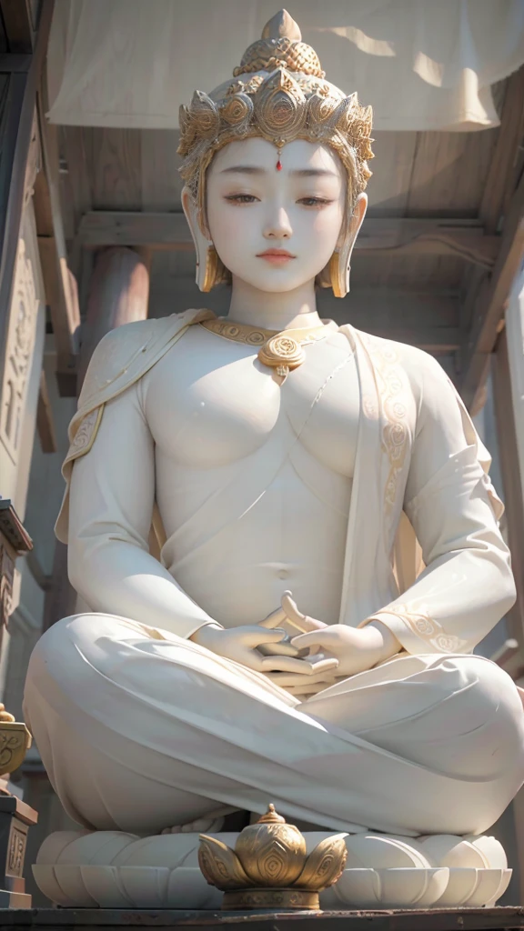 “Create a high-resolution image featuring a serene and majestic Buddha statue with a divine aura. The Buddha should be placed against a background of a traditional temple, with a peaceful and sacred atmosphere. Add gentle floral elements and soft glowing light around the Buddha to enhance the divine feeling. Include an inspirational quote in Japanese, such as 