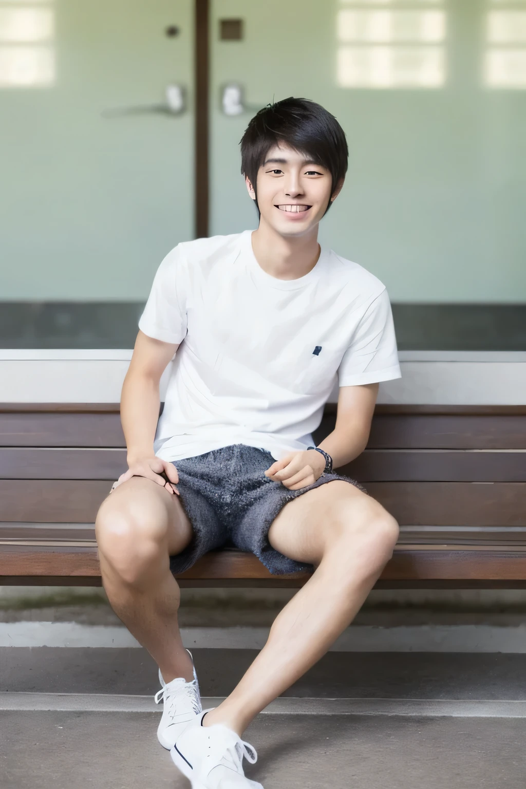 Japanese, male, university student, Wearing shorts, Sitting, ((full body)), (super sharp focus), (Hairy legs), smile, Anatomically correct,