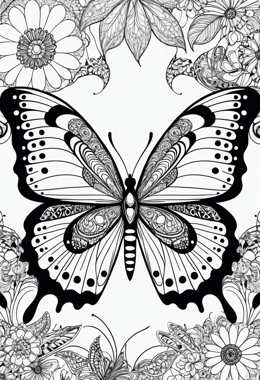 Butterfly, black and white, zentangle (best quality) ultra-detailed, thick line drawing, coloring book illustration style, intricate linework, highly detailed illustration, perfect composition, beautiful and stunning, dynamic angle, no shading, unique style, black and white details, intricate and detailed nature elements. Keep background plain black and white