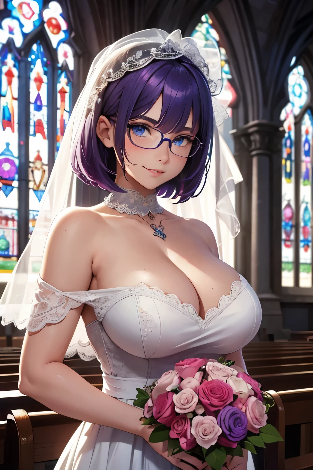 Beautiful young ager, 1girl, purple hair, blue eyes, extremely short hair, freckles on face, framed eyeglasses, heart shaped choker, happy, smiling, blushing, thick lips, full lips, huge breasts, extreme cleavage, deep cleavage, very thin body, off-shoulder white wedding dress, bouquet, perfect anatomy, church background, stained glass windows, detailed background, ultra-detailed, 4k, 8k, best quality, masterpiece