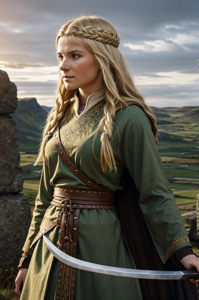 A Viking woman from the 11th century.
long blonde hair (or another color if you prefer).
Dressed in traditional Viking clothing, like tunics and capes.
Equipment such as a sword or ax.
A background atmosphere that reflects the era, like a viking ship or a nordic landscape