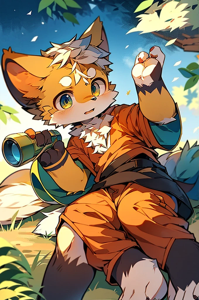 Anime style drawing of a boy lying on the ground holding a gun, Concept Art:Shingei, Pixiv, fur art, kemono, High quality fan art, Zero-chan art, Fox McCloud, Spectacular anime style, Zero-chan, Furry, Hula Infinity Commission, trigger anime art style, Danganronpa digital art