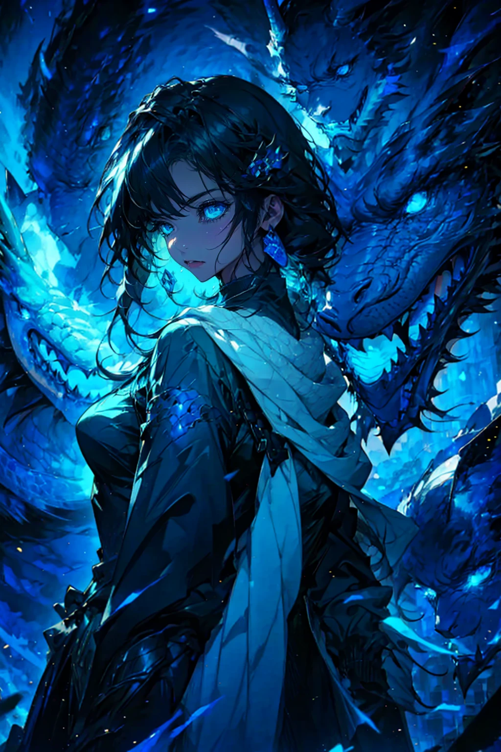 1girl and 1dragon,cool,bigbreast,cleavage,brilliant eyes,she has black wing,back to darkblue dragon,darkgreen and white