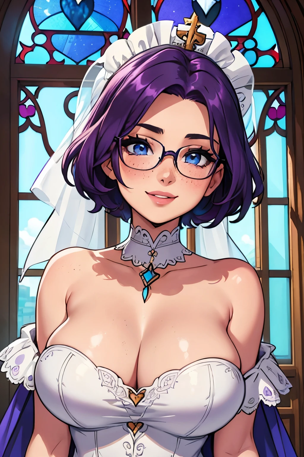 Beautiful young ager, 1girl, purple hair, blue eyes, extremely short hair, freckles on face, framed eyeglasses, heart shaped choker, happy, smiling, blushing, thick lips, full lips, huge breasts, extreme cleavage, deep cleavage, very thin body, off-shoulder white wedding dress, bouquet, perfect anatomy, church background, stained glass windows, detailed background, ultra-detailed, 4k, 8k, best quality, masterpiece