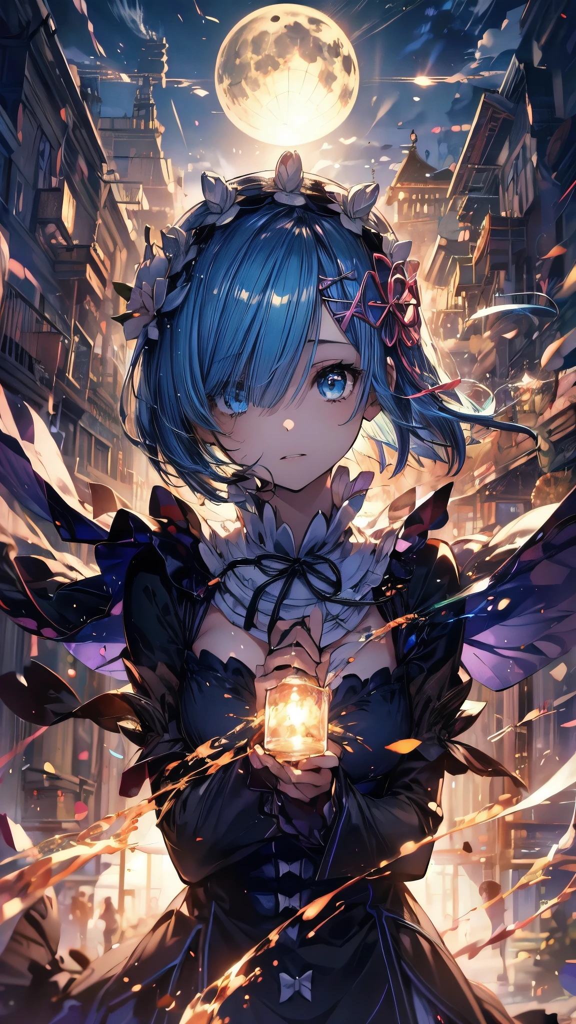 (Highest quality),(masterpiece), 8k,Very detailed, Detailed light, Best Shadow,Detailed reflective eyes, Beautiful Eyes, Very detailedな顔,Shiny Hair,One person,Gloss,semi-long,Blue Hair,Blue Eyes,enchanting,Expressionless,Quiet anger,full moon,hair ornaments,whole body,front,Re:Zero,rem,Rem,fan,darkness,face is dirty for painting,Dynamic Angle,